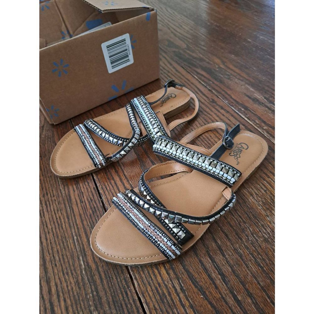 9 Carlos Santana Ankle Strap Embellished Beaded Rhinestone Leather Shoes Sandals